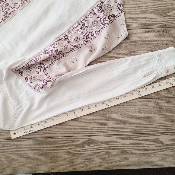 Free People Top S Ivory Burgundy Floral Lightweight Button-Front Collared Shirt - Picture 7 of 8